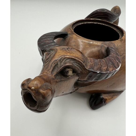 Hand Carved Chinese Brown Stained Soapstone Water Buffalo Lidded Creamer - Picture 13 of 14
